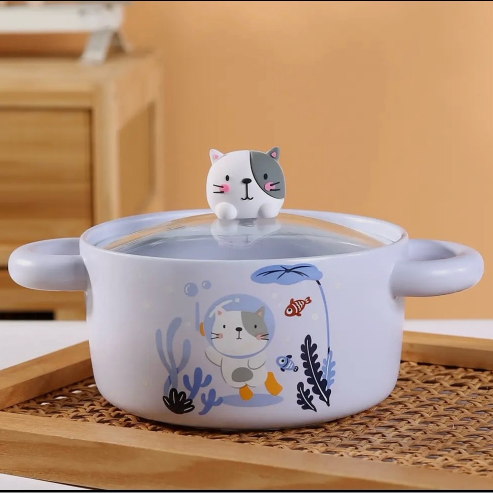 30 oz Bowl with Glass Lid Cute Cat Lavender New